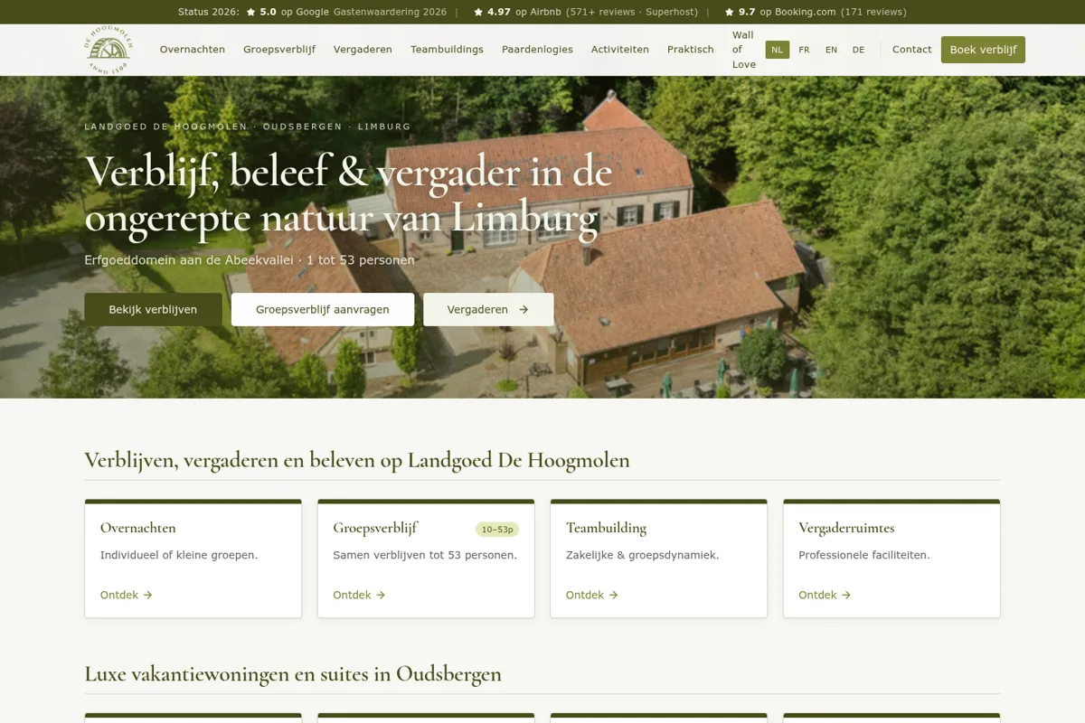 Page d'accueil de hoogmolen.be, domaine De Hoogmolen à Oudsbergen